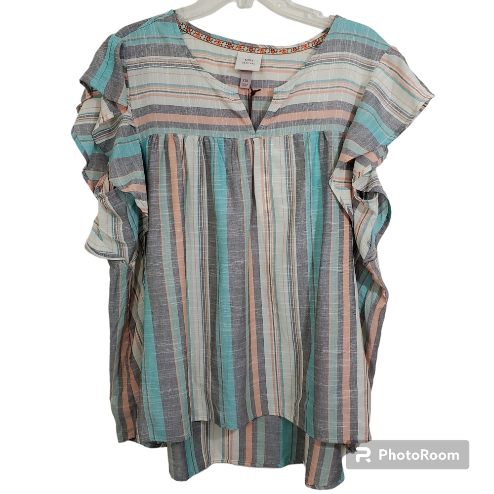 Knox Rose Striped Flutter Sleeve Boho Bohemian Peasant Blouse NWT Size XXL
